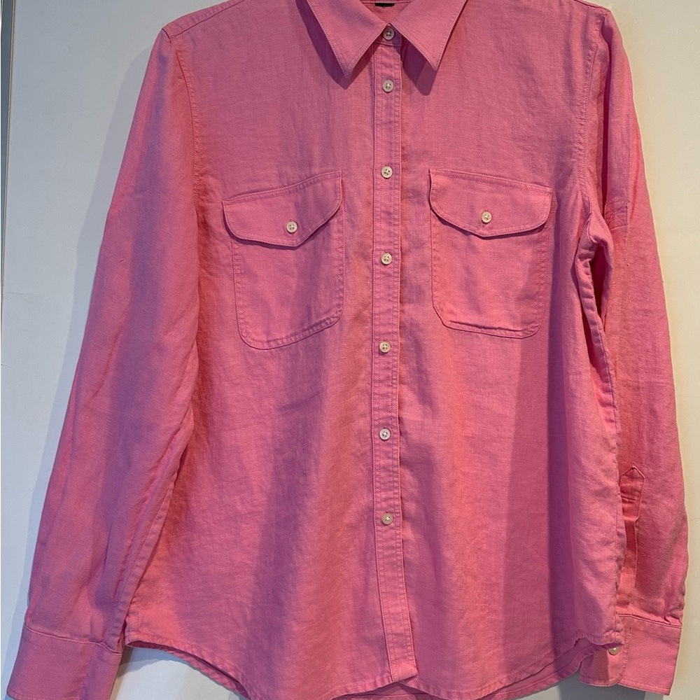 Lauren Ralph Lauren 100% Linen Long Sleeve Shirt Women's M Pink Button Up Blouse